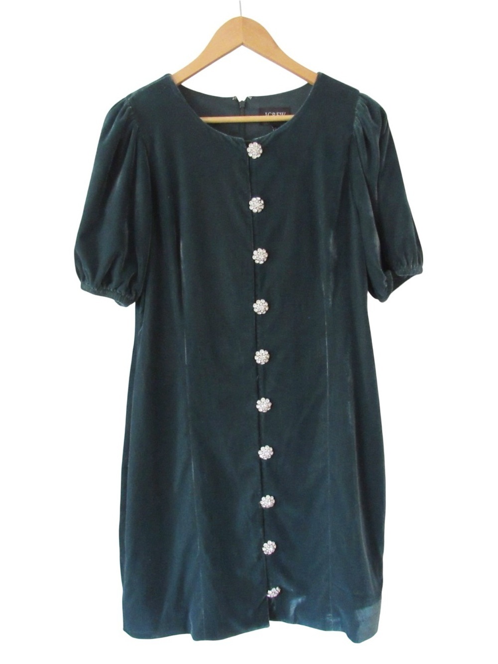 J Crew Velvet Jeweled Button Front Mini Dress 10 Dark Green Puff Sleeves Holiday
